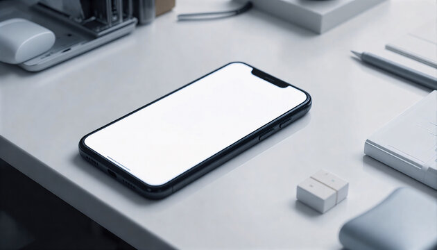 Minimalistyczny smartfon z białym ekranem na białym biurku - makieta UI/UX (Mockup)