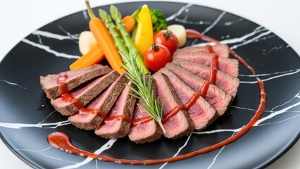 Perfectly grilled steak served with colorful fresh vegetables and a savory red sauce on an elegant plate