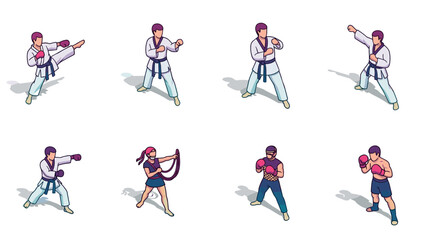 Isometric martial arts: diverse fighting poses and styles in dynamic action