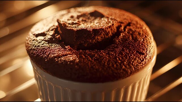 Chocolate souffl&eacute; in a white ramekin on a metal oven rack, warm lighting and brown tones