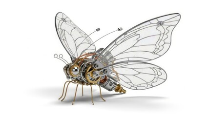 Steampunk mechanical butterfly with stained glass wings. AI generated.
