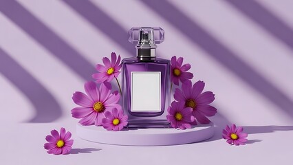 Purple Perfume Bottle Mockup with Pink Flowers on Pedestal