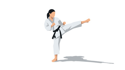 Female martial artist in karate uniform performing high kick silhouette on white background