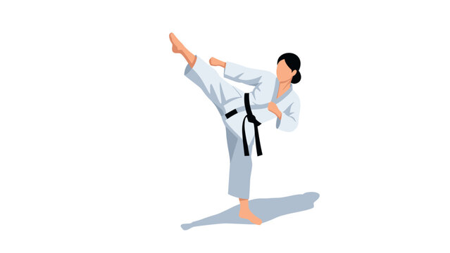 Karate practitioner in high kick pose with shadow on white background