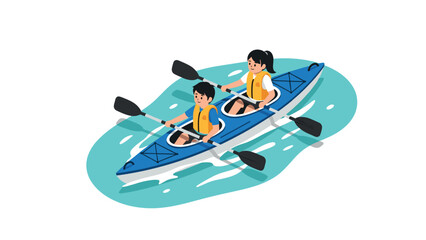 Kayaking adventure with kids in a blue canoe on water background