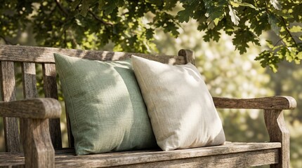 Two pillows rest on a weathered wooden bench under leafy branches outdoors.