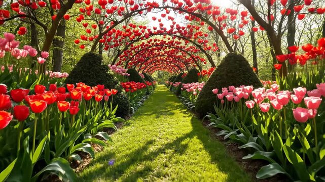 Vibrant tulip garden with colorful flowers and green grass in a beautiful outdoor setting with arched trees 4k video