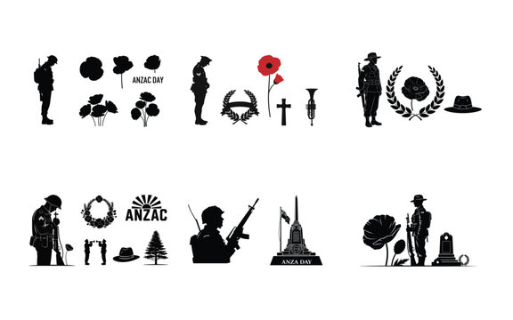 Black and red silhouettes of soldiers and memorial symbols for Anzac Day