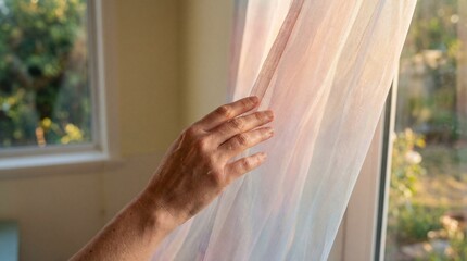 Person pulling sheer curtain open to reveal sunny outdoor garden view from inside