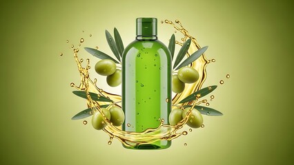 Green Olive Oil Bottle Product Shot with Splash and Olives