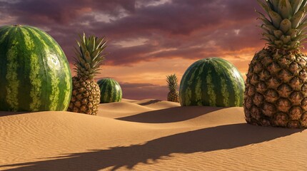 Exotic fruits are scattered across a desert sand dune landscape at sunset.