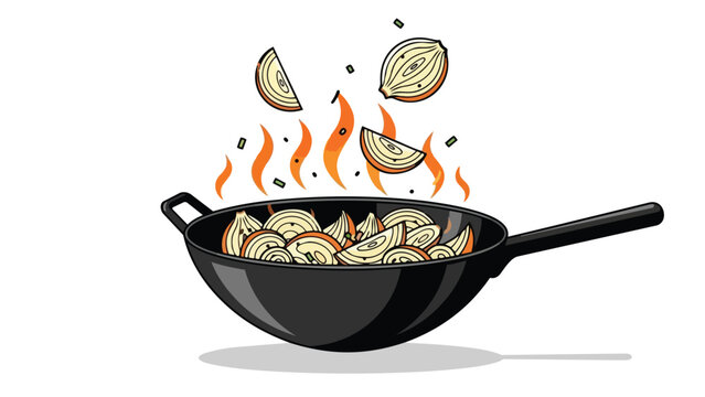 Vibrant culinary scene showcasing fresh sliced onions actively cooking in a sizzling hot wok with energetic flames