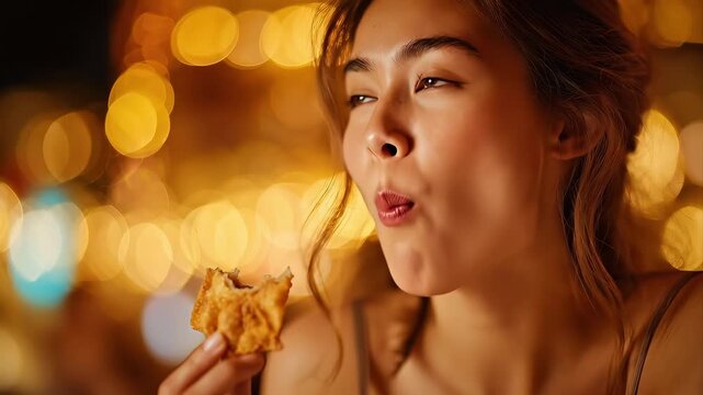 A smiling young woman eating crab rangoon, festive warm lighting, soft bokeh lights in the background, joyful celebration mood, shallow depth of field