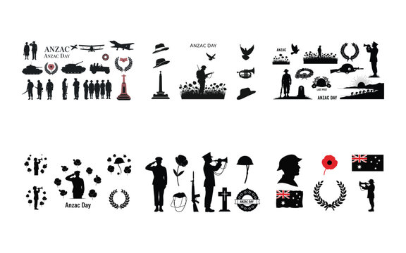 Black and white Anzac Day memorial symbols and military set soldiers poppies wreaths
