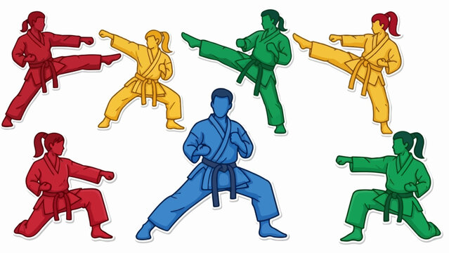 Diverse martial artists in colorful gis practice various combat stances and kicks