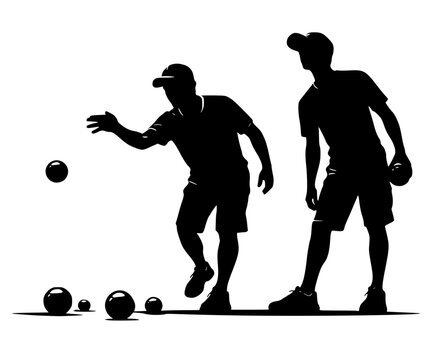 Black silhouette of two men playing petanque or bocce. One player tosses a ball while the other watches. Active outdoor leisure and sports competition concept on a plain background.
