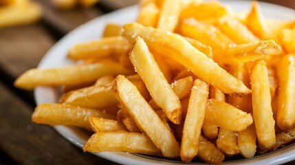 Delicious french fries served on a white plate at a casual dining setting with wooden table in the background during a sunny day