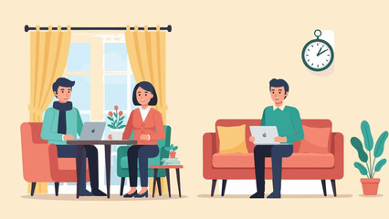 Diverse people collaborating remotely in a bright, comfortable indoor setting