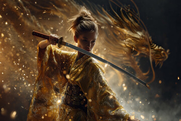 Person in ornate golden kimono holding katana, standing in mist with glowing golden dragon behind, mystical fantasy atmosphere.