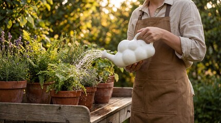 Woman watering plants in garden with watering can on wooden table outdoors