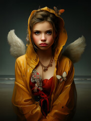 A winged figure in bright yellow raincoat stands on a moody beach, adorned with jewelry and butterflies, evoking innocence and surreal fantasy.