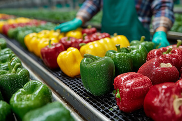Green, yellow, and red bell peppers with water droplets on conveyor belt, worker sorting produce in food processing facility.