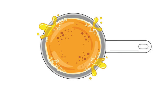 Vibrant cooking oil bubbling and splattering in a gray frying pan, dynamic top-down kitchen illustration