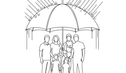 Family standing under a futuristic dome structure with sun rays illustration