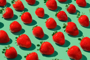 Vibrant red strawberries arranged evenly on green background. Colorful, natural, and graphic composition for food, design, or nature themes.