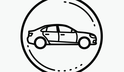 Simple line drawing of a sedan car in a circle with dashed lines symbolizing transportation