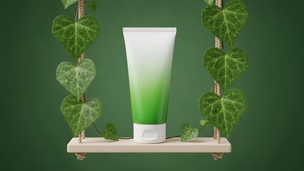 White and Green Cosmetic Tube Product Shot on Wooden Swing with Green Ivy Leaves