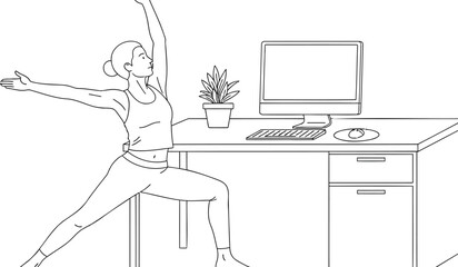 Woman stretching at office desk with computer and plant yoga at workplace healthy lifestyle