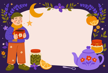 Obraz premium Night tea frame with man holding a mug, teapot, jam, citrus and cookies around blank space. For posters, menus, invitations, web banners.