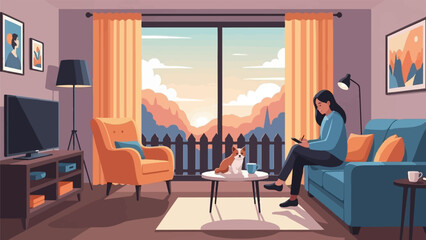 Fototapeta premium Cozy room with girl and dog by window at sunset