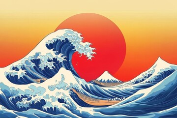 Great wave in ocean with red sun and mountains during sunset in Japanese art style