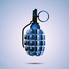A hand grenade assembled from keyboard buttons with the word WORK.