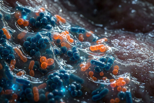 Microscopic view of bacterial biofilm. Colony of spherical cocci and rod-shaped bacilli bacteria in sticky mucus matrix.