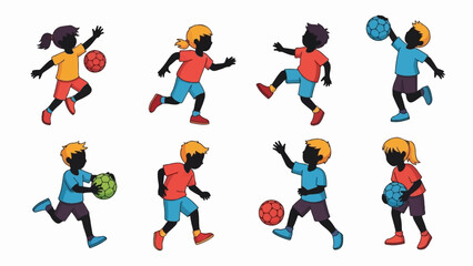 Diverse children playing with balls in various poses