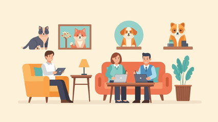 Plakat Cozy home office with people and dogs working and relaxing