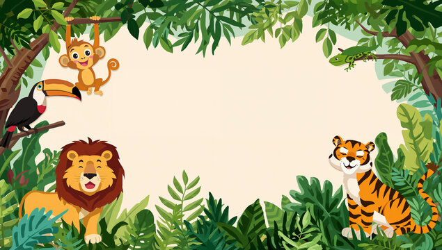 Cute jungle animals in a lush green forest setting with copy space