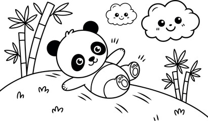 A playful black and white panda sits on a hill surrounded by bamboo and clouds smiling happily © Ibrahim Khalal