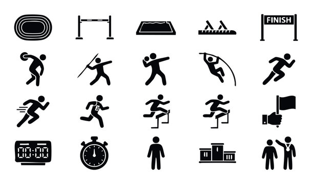 Comprehensive set of track and field athletics icons featuring various events, equipment, and participants for sportsrelated marketing materials, educational resources, and graphic