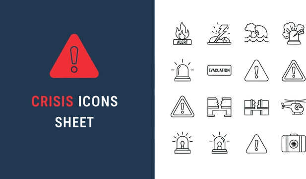 Black outline icon sheet of emergency situations and safety alerts