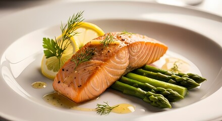 Close-up editorial food photo of a gourmet salmon dish with asparagus and lemon, styled for restaurant and culinary marketing use.