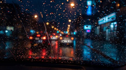 Rainy night scene through a car windshield with blurred city lights and wet roads