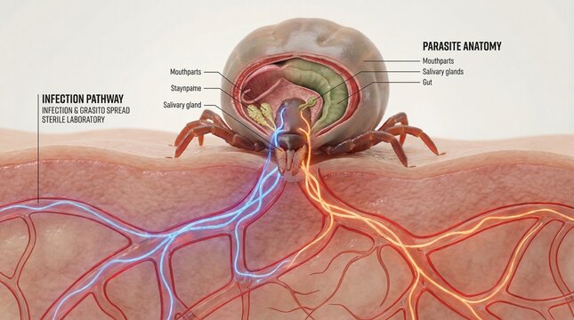 Closeup of a tick biting human skin detailed parasite interaction medical illustration clinical environment scientific viewpoint