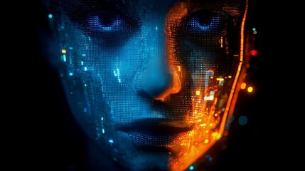 A futuristic digital portrait of a person with a split face in contrasting blue and orange hues and pixelated details.