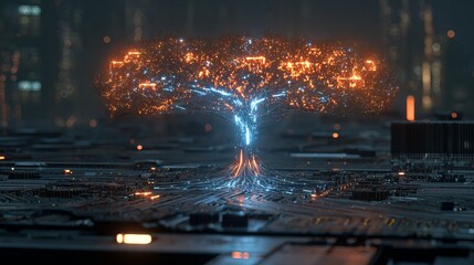 A futuristic tree with glowing blue and orange lights stands on a circuit board in a dark cityscape at night