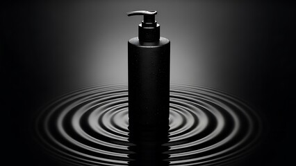 Black Pump Bottle Product Shot with Water Ripples on Dark Background