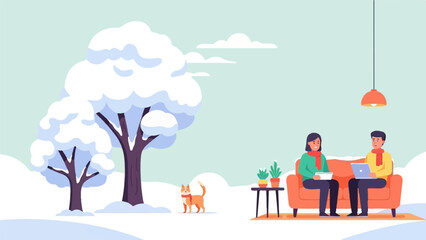 Cozy winter scene with a couple on a couch, dog, and snow-covered trees